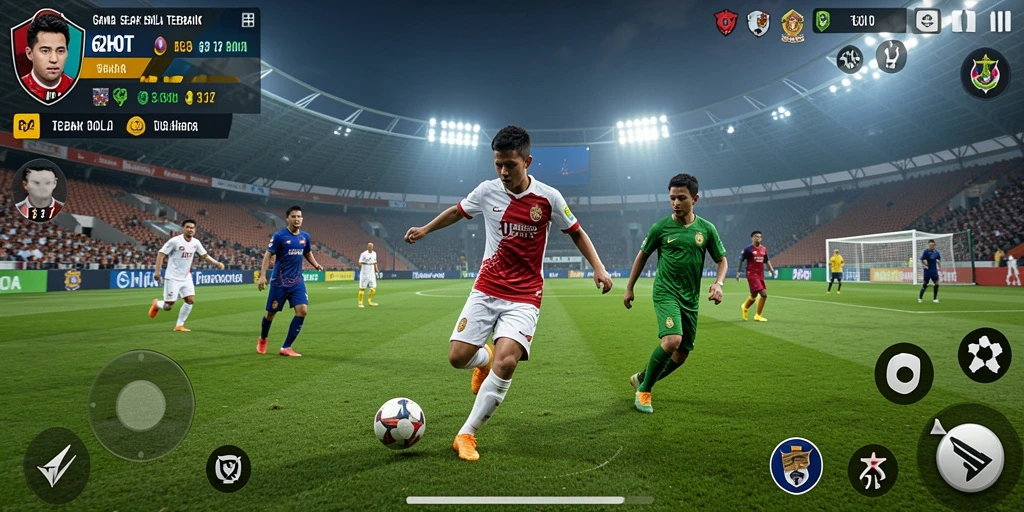 Screenshot dari gameplay menampilkan aksi menegangkan dalam permainan sepak bola.