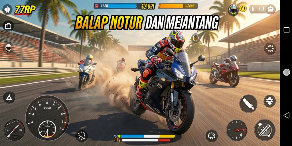 Gameplay seru balap motor di 77RP dengan trek yang menantang.