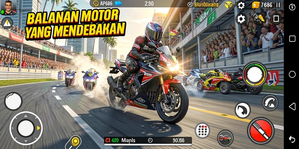 Screenshot menunjukkan momen mendebarkan dari balapan motor.