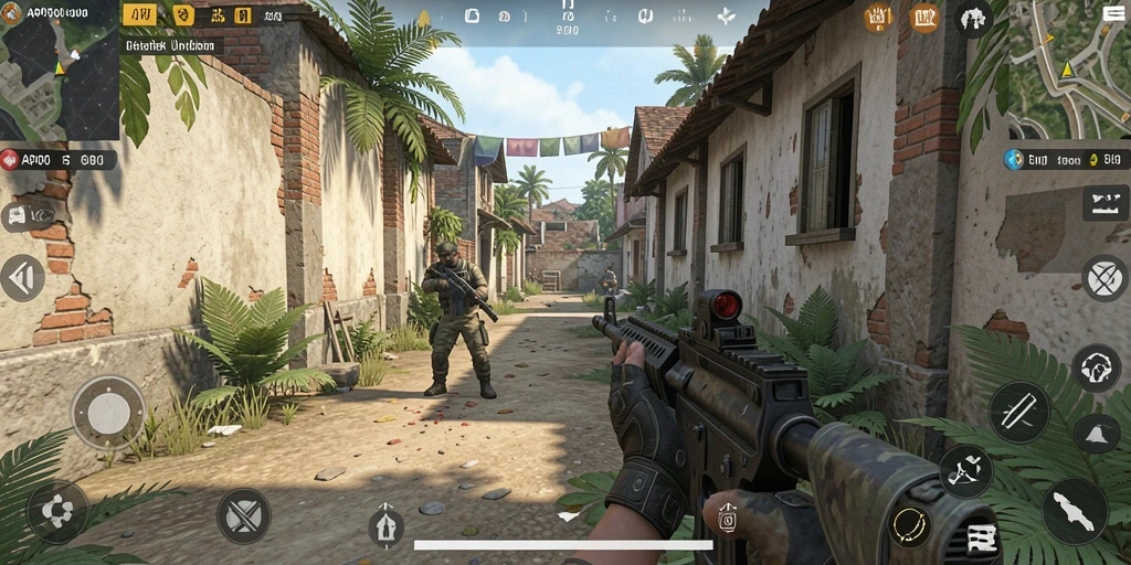 Screenshot gameplay API5000 menunjukkan pertempuran FPS yang intens.