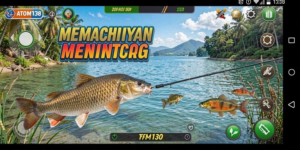 Screenshot ATOM138 menampilkan aksi menangkap ikan yang seru dalam keindahan alam.