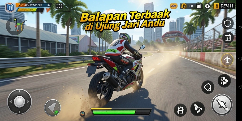Screenshot utama DEMI11 menampilkan aksi balapan motor yang mendebarkan di trek yang menantang.