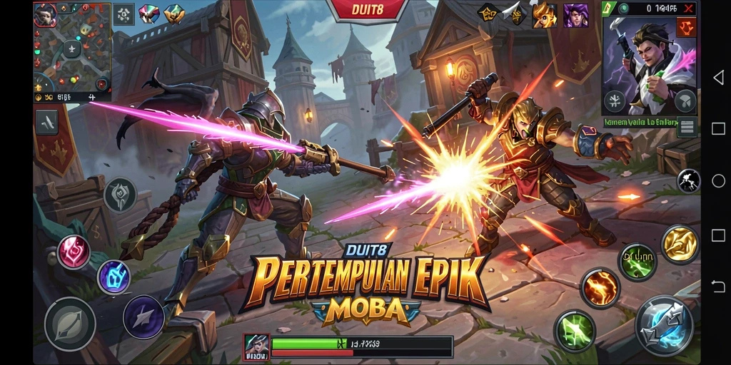 Screenshot gameplay DUIT8 menampilkan aksi pertempuran tim yang epik di arena MOBA.