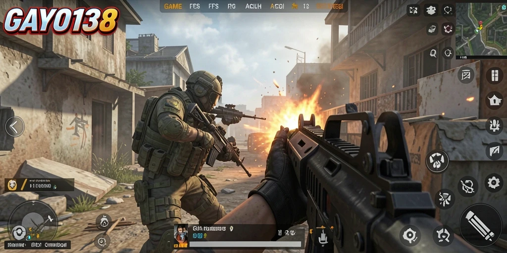 Screenshot utama GAYO138 menampilkan aksi gameplay FPS yang intens.