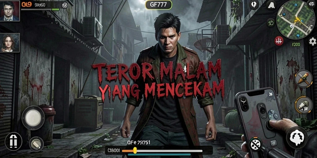 Screenshot utama GF777 menampilkan aksi menyeramkan di lingkungan yang gelap.