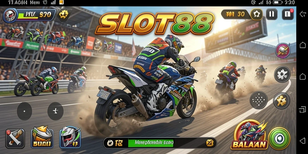Screenshot SLOT88 menampilkan aksi balapan motor yang mendebarkan.