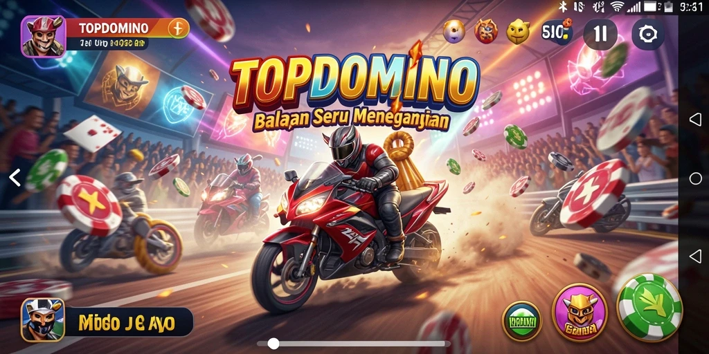 Tangkapan layar dari gameplay seru TOPDOMINO dengan mobil balap dinamis.