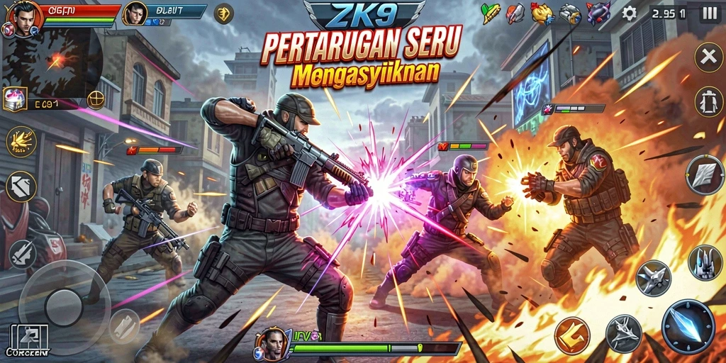 Tampilan gameplay ZK9 dengan karakter bertarung sengit di arena.